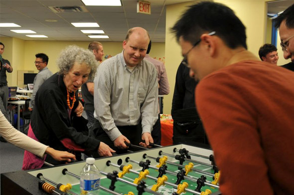 Margaret Atwood playing table football